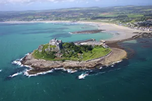 Aerial view of St. Michaels Mount, Penzance, Lands End Peninsula, West Penwith