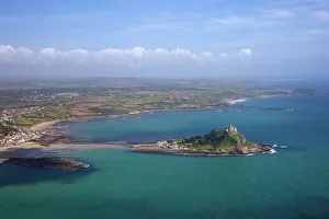 West Penwith Prints: Aerial view of St. Michaels Mount, Penzance, Lands End Peninsula, West Penwith