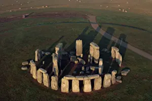 Misty Prints: Aerial view of Stonehenge, UNESCO World Heritage Site, Wiltshire, England