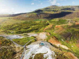 Water Fountain Prints: Aerial view of Strokkur geyser, Geyser Hot Springs, Great Geyser in Iceland