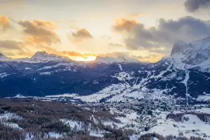 Cortina Dampezzo Prints: Aerial view of sunrise over Cortina d Ampezzo in the snowy landscape, Dolomites