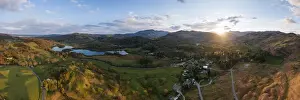 Aerial view of sunset over Elterwater, Lake District National Park