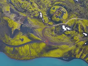 Hella Prints: Aerial view taken by drone of Landmannalaugar area on a summer day, Iceland, Polar Regions