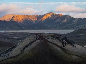 Aerial view taken by drone of little volcano in Landmannalaugar area on a summer day, Iceland, Polar Regions