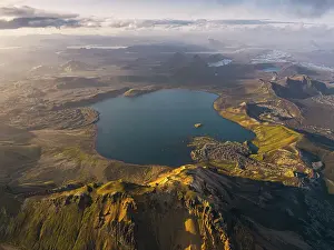 Drone Point Of View Prints: Aerial view taken by drone of natural landscape in Landmannaugar area on a summer day