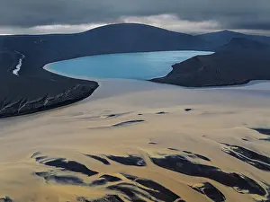Summer Day Prints: Aerial view taken by drone of Skyggnisvtn lake in Landmannalaugar area
