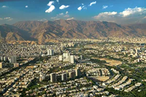 Iran Prints: Aerial view of Tehran facing North towards the Alborz Mountains, Tehran, Iran, Middle