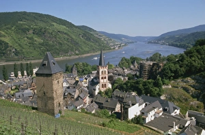Bacharach Prints: Aerial view over the town of Bacharach and the Rhine River
