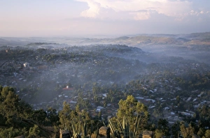 Gondar Prints: Aerial view of the town, with early morning mist, taken from Goha Hotel