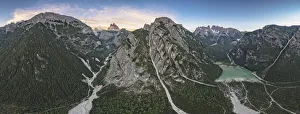 Lake Landro Prints: Aerial view of Tre Cime Di Lavaredo, Lake Landro and Monte Cristallo at sunset, Dolomites