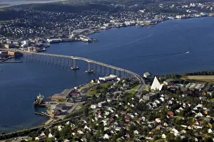 Tromso Prints: Aerial view over the Tromso River and Tromso including the cathedral from top of Tromsoya city center of Tromso
