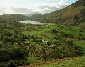 Gwynedd Prints: Aerial view over valley and Llyn Gwynant, Snowdonia, Gwynedd, Wales, United Kingdom