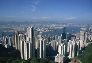 Victoria Peak Prints: Aerial view from Victoria Peak over Hong Kong Harbour, China, Asia