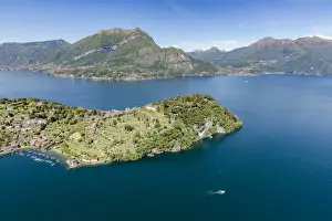 Aerial view of the village of Bellagio framed by clear waters of Lake Como with sailboats