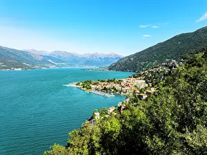 Lakeside Prints: Aerial view of the village of Bellagio and small harbor, Lake Como, Lombardy, Italy