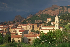 Hill Village Prints: Aerial view over the village of Piana in the mountains, island of Corsica