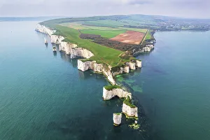 Aerial view of the white cliffs of Old Harry Rocks, Jurassic Coast, UNESCO World Heritage Site, Studland, Dorset, England, United Kingdom, Europe