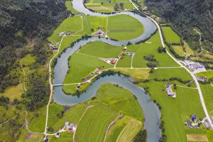 Grasslands Prints: Aerial view of the winding course of Stryneelva river, Stryn, Nordfjorden, Sogn og