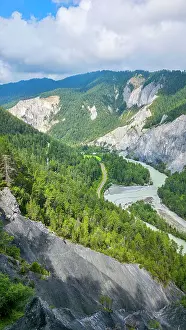 Altitude Prints: Aerial view of the winding Rhein gorge in Switzerland showing cliffs and greenery along the river's path