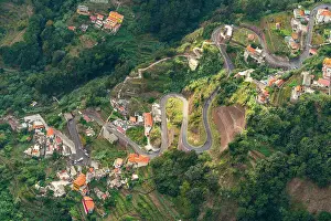 Green Hills Prints: Aerial view of winding road, Curral das Freiras (Pen of the Nuns)