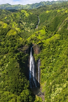 Kauai Prints: Aerial of a waterfall in the interior of Kauai, Hawaii, United States of America, Pacific
