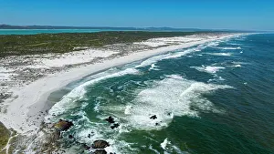 Aerial of a white sandy beach, West Coast National Park, Western Cape Province, South Africa, Africa