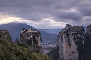 Trikala Prints: Aghia Triada Meteora Monastery on a cloudy evening, UNESCO World Heritage Site, Thessaly