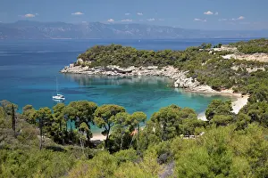 Opportunity Prints: Agia Paraskevi beach with yacht anchored in bay