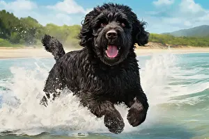 Canine Prints: AI generated image of an Adult Portuguese waterdog in the water