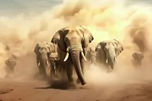 Namibia Prints: AI Generated image of African elephants (Loxodonta africana) running in front of a desert sandstorm