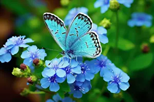 Rainforests Prints: AI generated image of a beautiful stylized blue butterfly on natural flowers, Ecuador