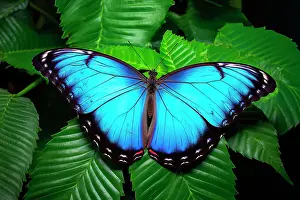 Rainforests Prints: AI generated image of a beautiful stylized blue monarch butterfly in natural leafy environment