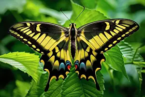 Rainforests Prints: AI generated image of a beautiful stylized swallowtail butterfly in natural leafy environment