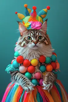 Carnival Prints: AI generated image of Bengal cat dressed in colorful carnival clothing