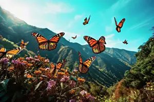 Spread Wings Prints: AI generated image of a big group of stylized yellow monarch butterflies flying in a natural environment