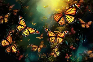 Spread Wings Prints: AI generated image of a big group of stylized yellow monarch butterflies flying in a natural forest environment