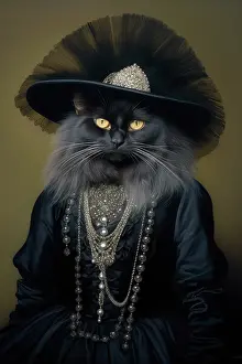 Noble Prints: AI generated image of Black long-haired Angora Cat dressed in a sumptuous black attire and wearing a hat