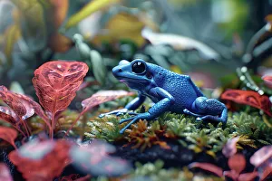 Rainforests Prints: AI generated image of a blue poison dart frog on leaves