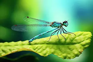 Fragile Prints: AI generated image of a Close up of a male blue tailed damselfly (common damselfly) on a green leaf