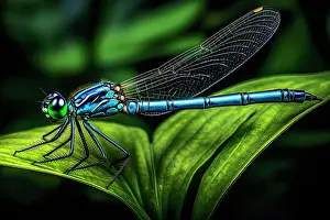 Detailed Prints: AI generated image of a Close up of a male blue tailed damselfly (common damselfly) on a green leaf