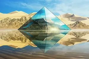 Stunning Scenery Prints: AI generated image of a Cristal pyramid reflecting in water in the desert
