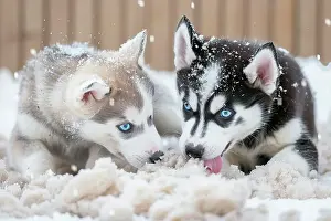 Friendship Prints: AI generated image of Two cute Alaskan Husky pups licking snow