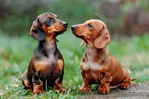 Puppy Prints: AI generated image of Two cute Dachshund pups looking at each other