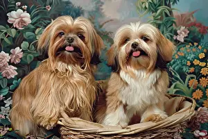 Floral Prints: AI generated image of Two cute Lahsa Apso pups in a wicker basket and looking ahead