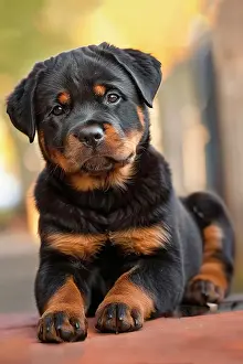Puppy Prints: AI generated image of a Cute rottweiler sitting on the ground and looking curiously in the camera