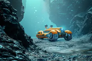 Robotics Prints: AI generated image of a Deep sea exploration and mining in abyssal plains performed by AUV and autonomous drones