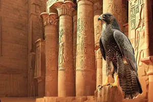 Relics Prints: AI generated image of a Falcon head God Horus in front of temple columns