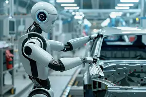 Vehicles Prints: AI generated image of a Futuristic humanoid robot working in a car assembly production line