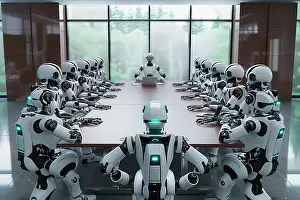 Identity Prints: AI generated image of a Group of humanoid cyborgs seated around a big meeting table in a conference room