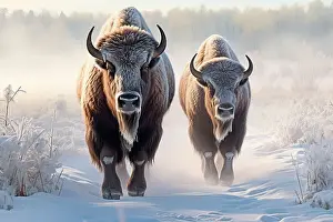 Bison Prints: AI generated image of a herd of bison covered with ice walking in snow
